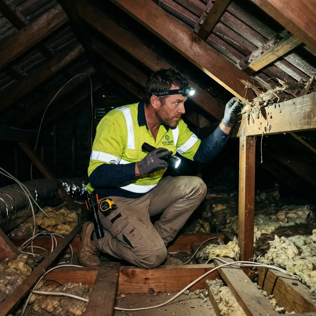 Technician inspecting a roof cavity for a dead animal in Moolap