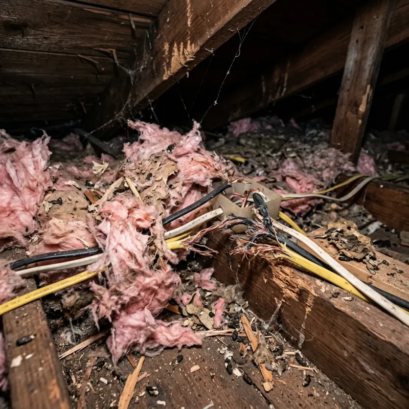 Contaminated ceiling insulation being assessed in a Moolap roof space