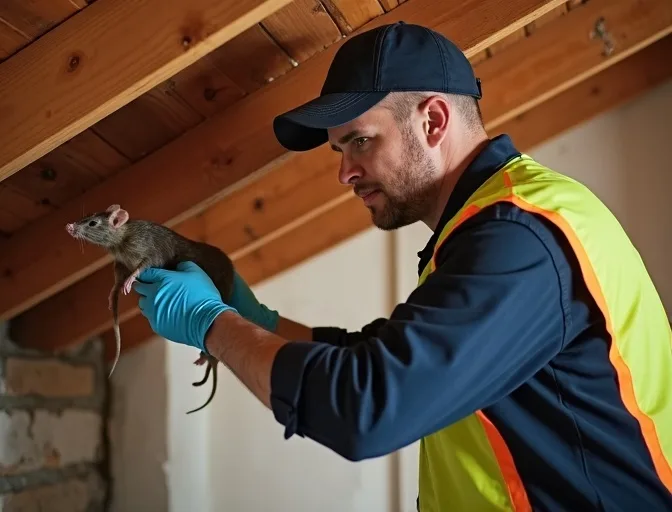 Technician inspecting a roof cavity for a dead rat in Moolap